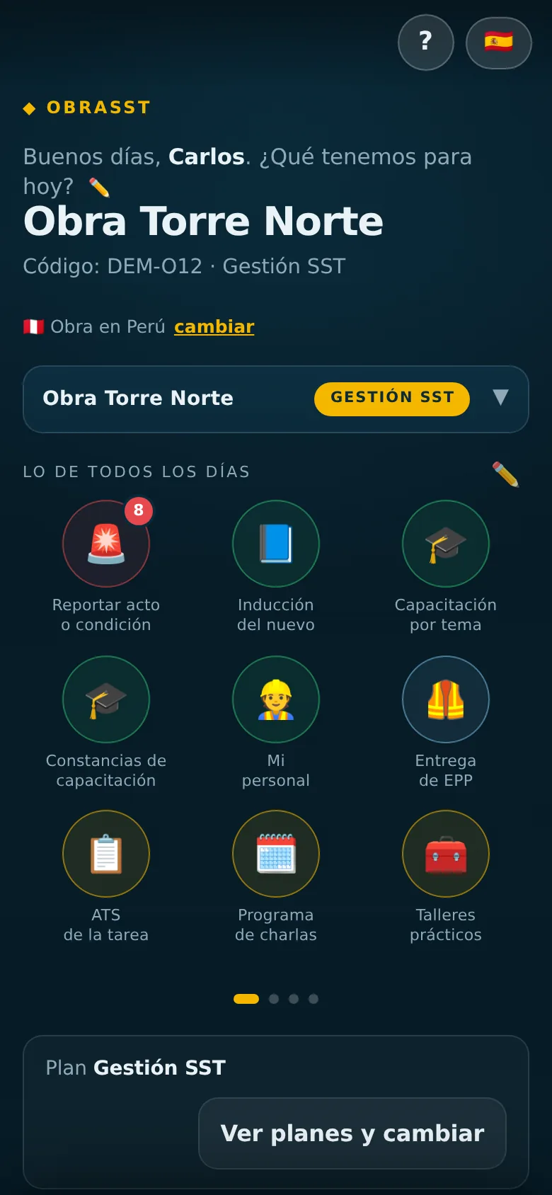 El inicio de la app en un celular, con los accesos de todos los días: reportar, inducción, capacitación, constancias, personal y entrega de EPP